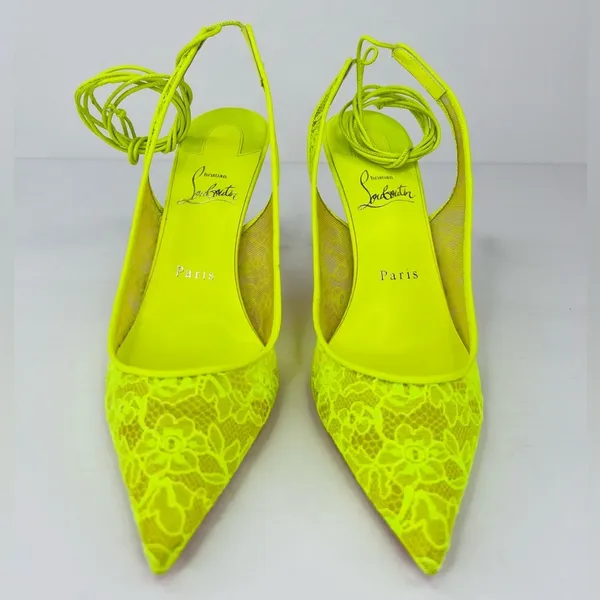 Christian Louboutin Kate 85mm Lace Wraparound Neon Fluo Yellow Pumps EU 38 - Image 6