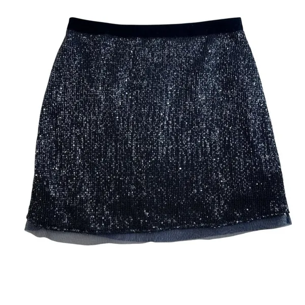 Free People Sz 10 Wild Child Sequined Mini Skirt‎ Navy Blue Cocktail Party - Image 2