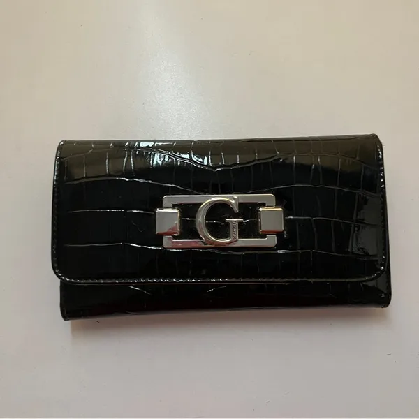 Guess Black Croc-Embossed Wallet with Silver Logo Clasp – 7” Width - Image 2