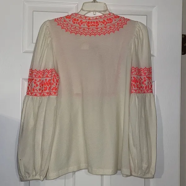Anthropologie Maeve Louisa Cream Bohemian Long Sleeve Top with Coral Embroidery - Image 8