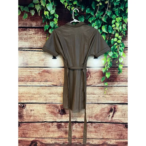 Heartloom Faux Leather Brown Mini Dress w Waist Tie Collar & Snap Buttons XS NWT - Image 2