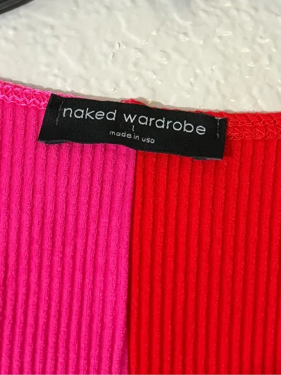 NWOT Sexy Naked Wardrobe Pink Red Colorblock Ribbed Bodycon Midi Dress L - Image 4