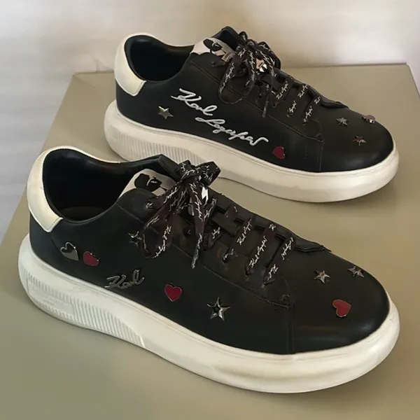 KARL LAGERFELD Kenna Leather Black Pin Logo Sneakers $130 EUC Wmn 8.5 - Image 3