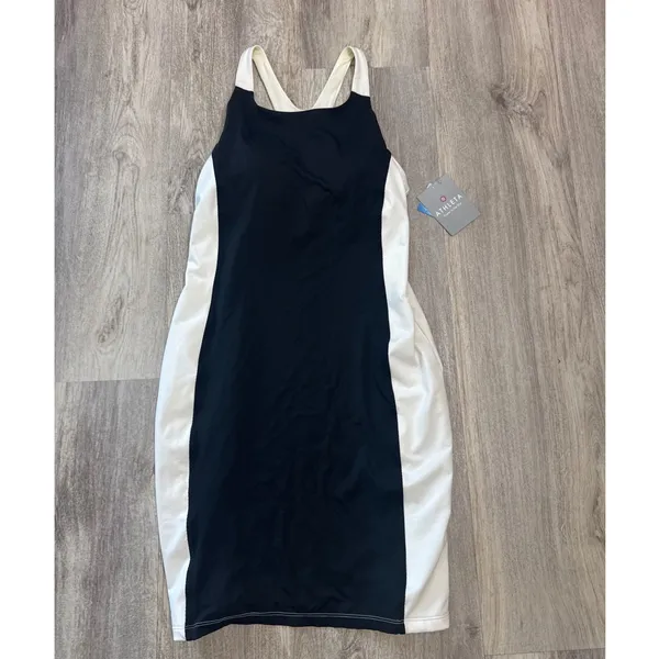 Athleta Colorblock Mini Athletic Swim Dress Black White Built-in Bra Lycra Small - Image 2