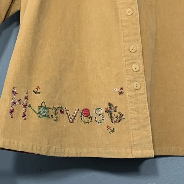 Country Grandma Size Large Yellow Embroidered Corduroy Shirt Autumn Harvest Fall - Image 6