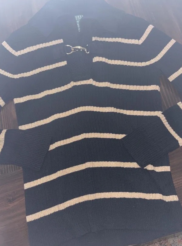Lauren Ralph Lauren Black Gold Striped Sweater Toggle Medium Sparkle Metallic - Image 2