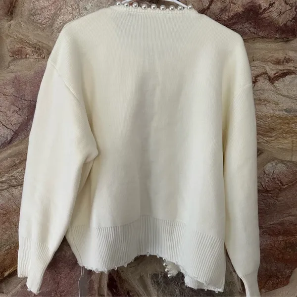 Commense Pearl Trim Ripped Hem Cardigan size large - Image 6