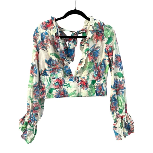By‎ Anthropologie Boho Tie Back Floral Ruffle Long Sleeve Crop Top Women's Small - Image 3