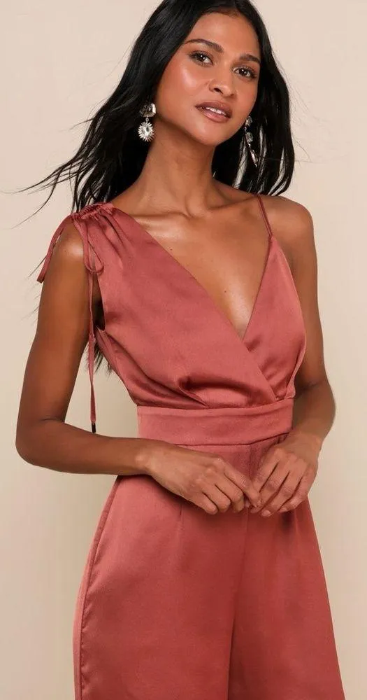 Lulu’s Look of Luxe Rusty Rose Satin Asymmetrical Wide-Leg Jumpsuit size XS - Image 4