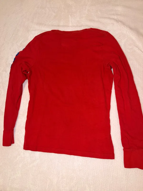 Abercrombie & Fitch Red Long-Sleeve Tee with Blue Logo Sleeve - Image 2