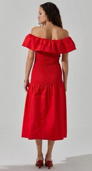 ASTR The Label Off the Shoulder Cotton Red Ruffle Midi Dress Size Small - Image 4
