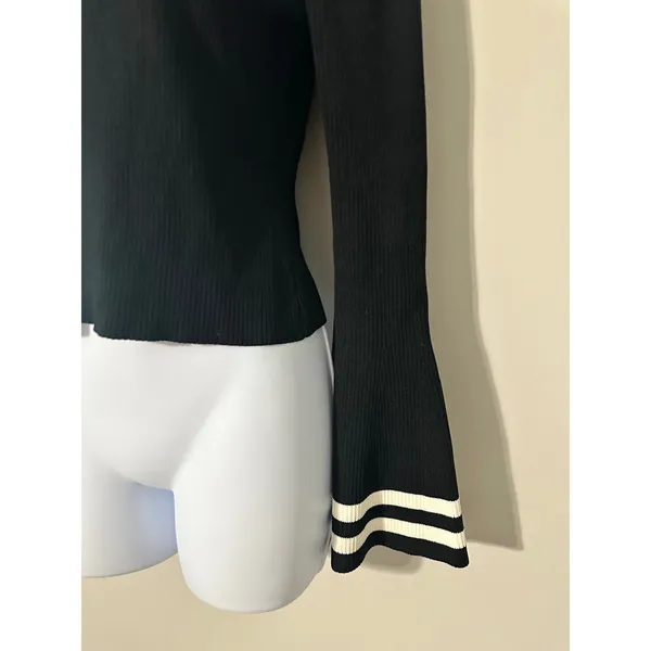 CAARA Black Ribbed‎ Knit Bell Sleeve Sweater Slightly Cropped Top Size S - Image 2