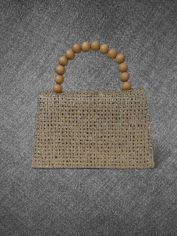 Metallic Gold Woven Envelope Handbag With Wooden Bead Handle And Chain Strap - Image 7