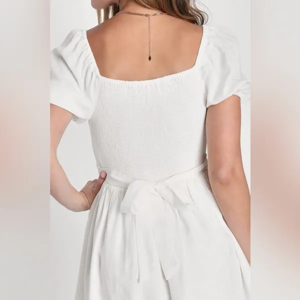 LULU’S Effortlessly Endearing White Puff Sleeve Smocked Mini Dress - Image 4