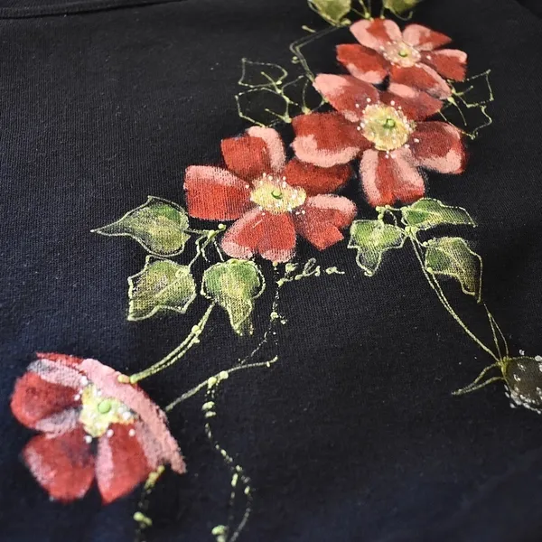 XL- Hand Painted Floral Black Women's Crewneck Australian Vintage Sweater‎ - Image 6