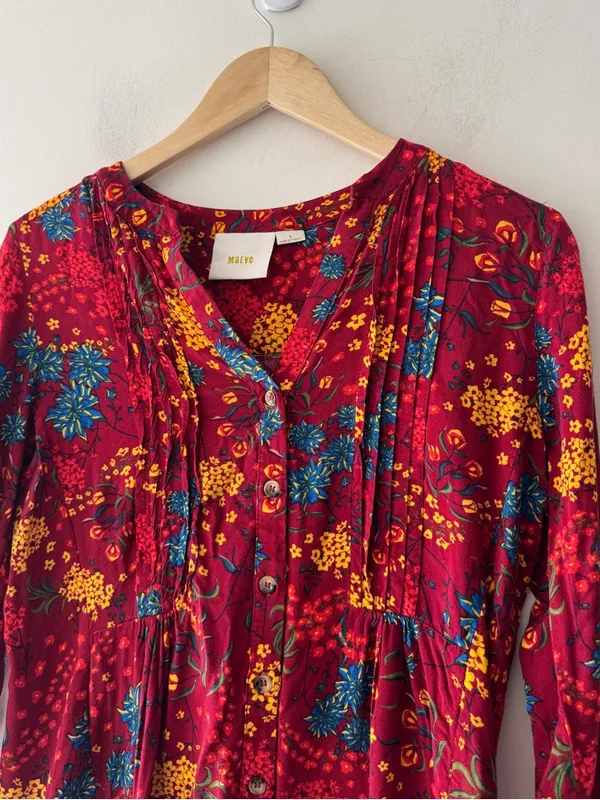 Maeve Floral‎ Button Front Pin Tuck Top - Image 2