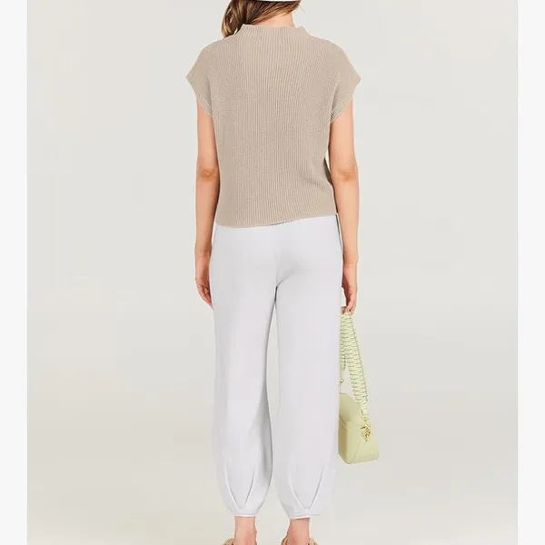 Neutral Knit Top & White Jogger Lounge Set Tan Size M - Image 3