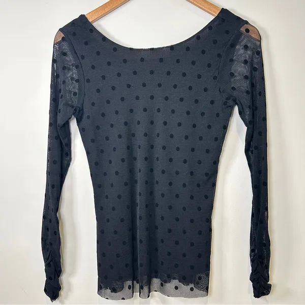 Vintage 90’s Y2K Goth Black Polka Dot Mesh Top With Sheer Ruched Long Sleeves S - Image 2