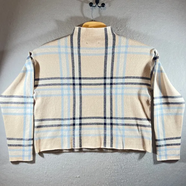 793 | Tahari Plaid Mock Neck Boxy Knit Sweater Tan Blue Women‎ XL - Image 2