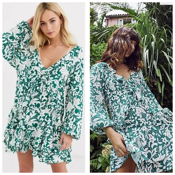 Free People Rebecka Floral Ruffled Mini Dress Size Medium Emerald Green - Image 2