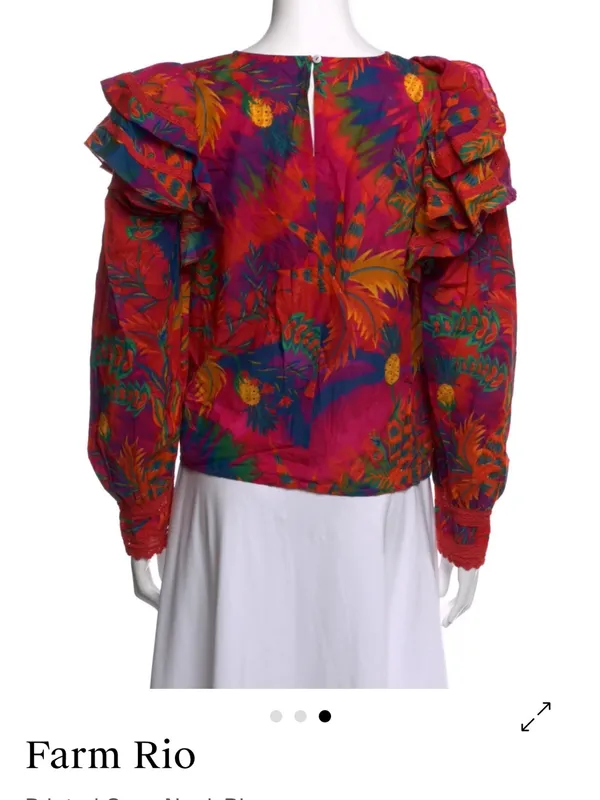FARM Rio Red Pink Orange Floral Ruffled Puff-Sleeve Blouse - Image 3