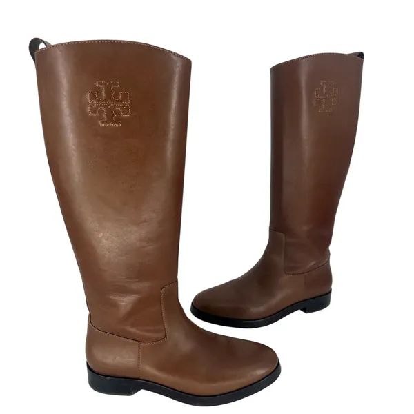 Tory Burch Riding Logo Embossed Leather Knee‎ High Boots Brown 10.5 - Image 3