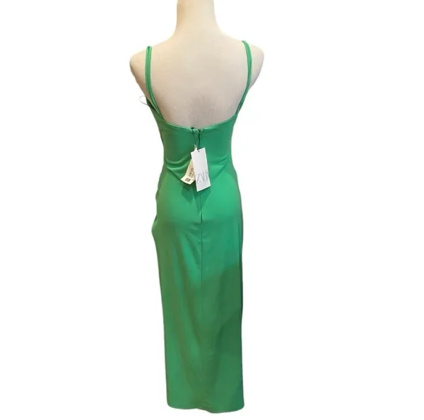 NWT Zara Green Long Bodycon Ruched Dress Draped Spaghetti Straps M Party - Image 6