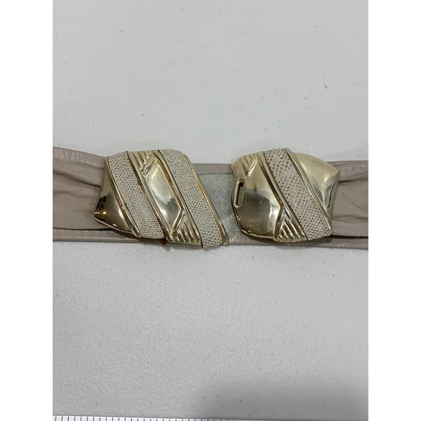 Vintage 1987 Leather‎ Shop Taupe Leather Waist Belt Gold Sculptural Buckle 34in - Image 4
