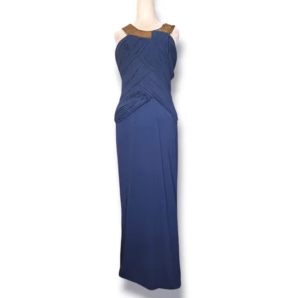 Vintage Navy Blue Beaded Evening Gown Art Deco Formal Maxi Dress Wedding Guest - Image 10
