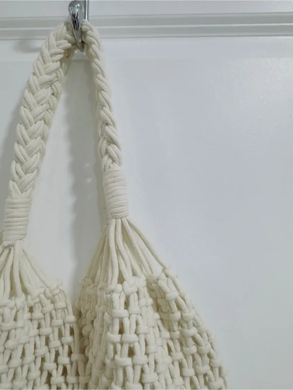 Boho Macramé Cotton Rope Market Tote Bag | Handmade Ivory Woven Beach Shopper - Image 5
