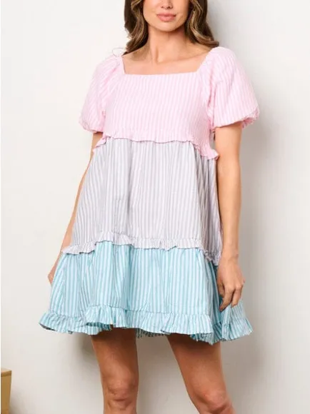 BiBi Cute Pink Pastel Stripe Ruffle Tier Puff Sleeve Babydoll Summer Dress Sz XL - Image 4