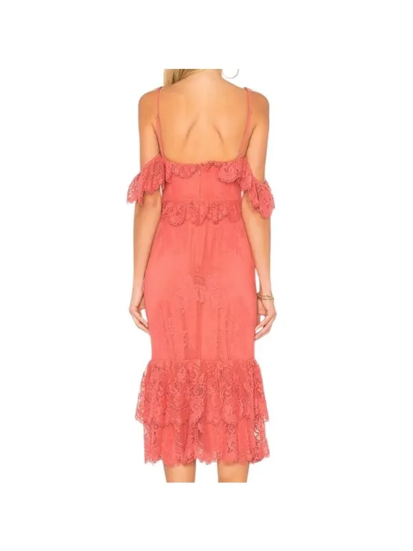 Lovers + Friends Blake Lace Ruffle Rose Pink Midi Dress Size XS Romantic Boho - Image 7