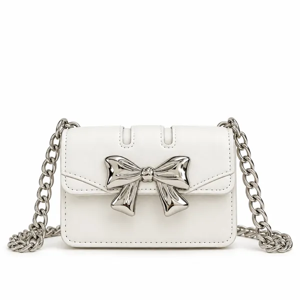 White Mini Bow Bag with Silver Chain Strap - Image 2
