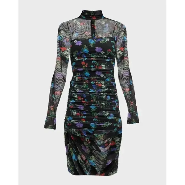 Alice + Olivia Delora Floral Black Mesh Ruched Turtleneck Dress Size 4 Romantic‎ - Image 15