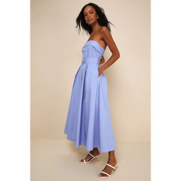 NWT Lulus Trendsetting Choice Periwinkle Strapless Midi Dress With Pockets Sz L - Image 9
