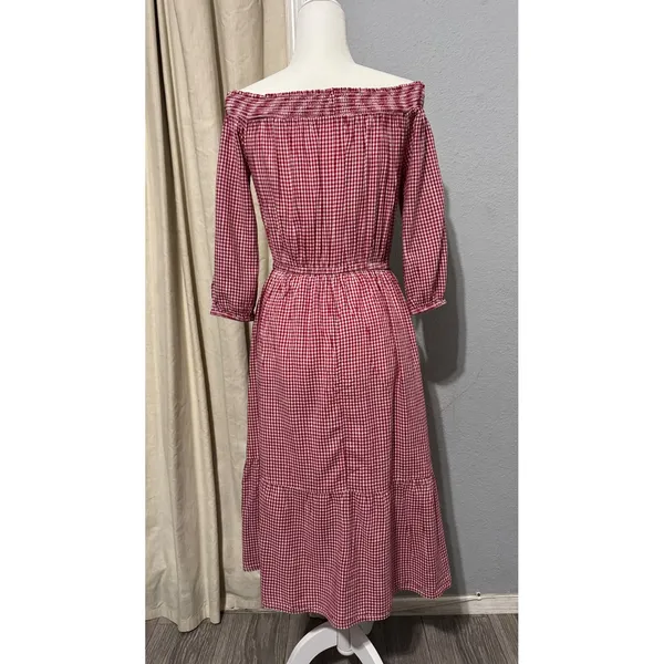 Old Navy Cotton Blend Dress S Red Gingham Smocked Off Shoulder Tiered Midi Dress - Image 5