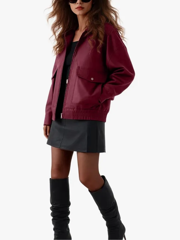 vanmolrs Oversize Leather Jacket Women Faux Motorcycle Coats Burgundy. Size M - Image 3