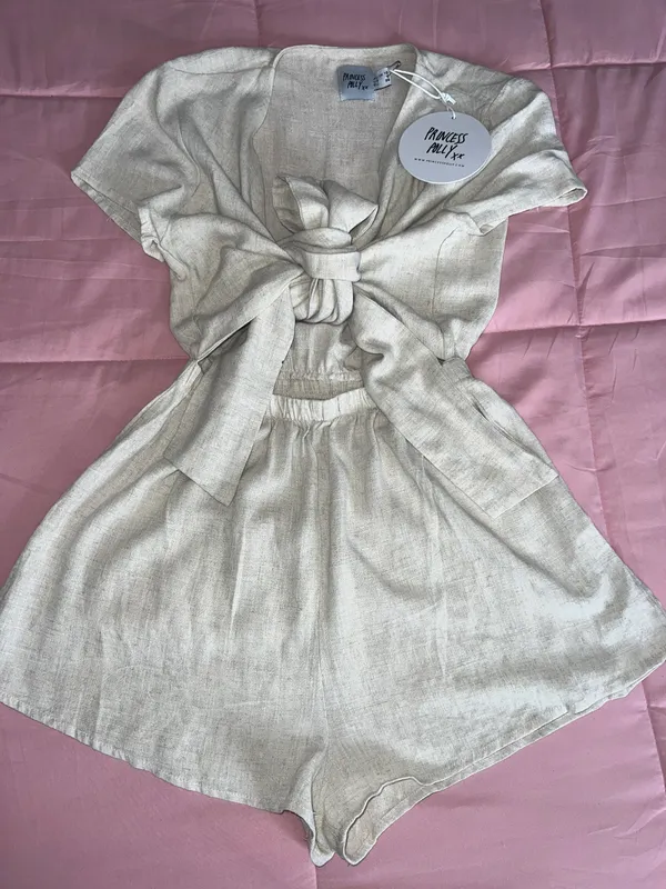 Princess Polly RAGNAR TIE FRONT ROMPER BEIGE - SIZE US 6 - Image 5