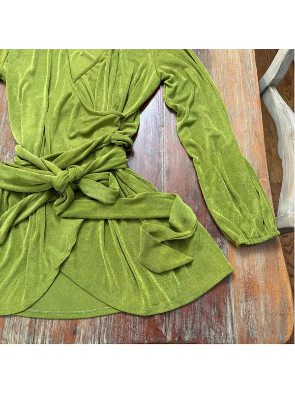 ⁠Princess Polly Olive Chartreuse Slinky Wrap Shirt Dress Collar Long Sleeve US 2 - Image 5