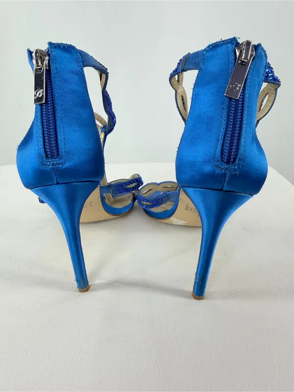 Belle Badgley Mischka Cobalt Blue Beaded Satin T-Strap Heels‎ Size 7 - Image 6