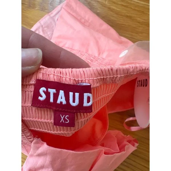 STAUD Coral Pink Ruched Off Shoulder Corset Crop Top Sweetheart XS NWT - Image 4