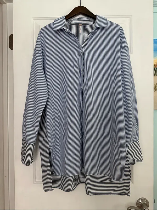 Free People Lakehouse Button Down Shirt in Blue and White Stripe - Image 3
