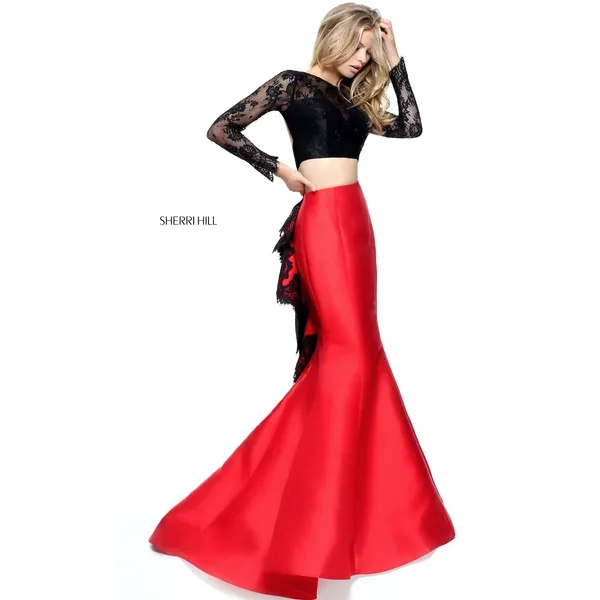 NWT‎ Sherri Hill 51169 Black Red Mermaid Lace Two Piece Gown Size 6 Prom Pageant - Image 5