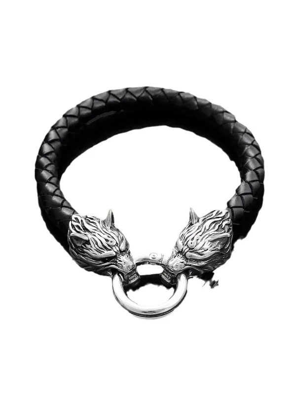 Viking Wolf Head Leather Bracelet 6 inches Black - Image 4
