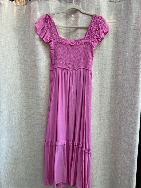 Mock Button Down Smocked Ruffle Detail Midi Dress Pink - Image 10