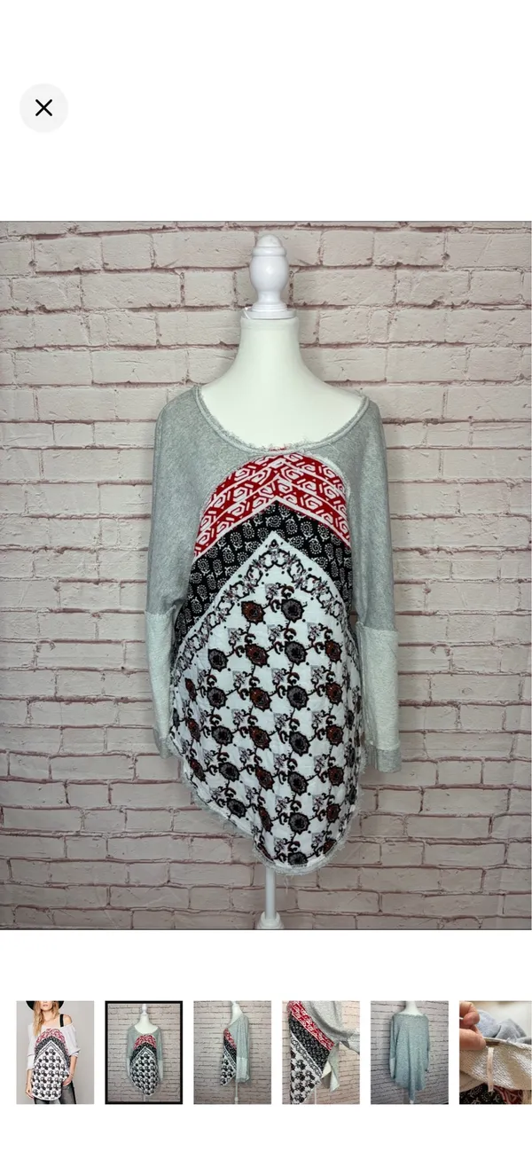 Free People Del Ray Pullover Terry Tunic Top EUC Small. Stretchy and very oversized. Beautiful boho bandana pattern. Raw hems. Split sides. 22.5” bust 28” at longest point - Image 2