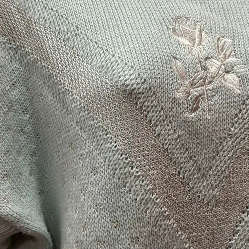Isle of Cotton Knit Sweater Womens XL Mint Green Floral Embroidered Short Sleeve - Image 3