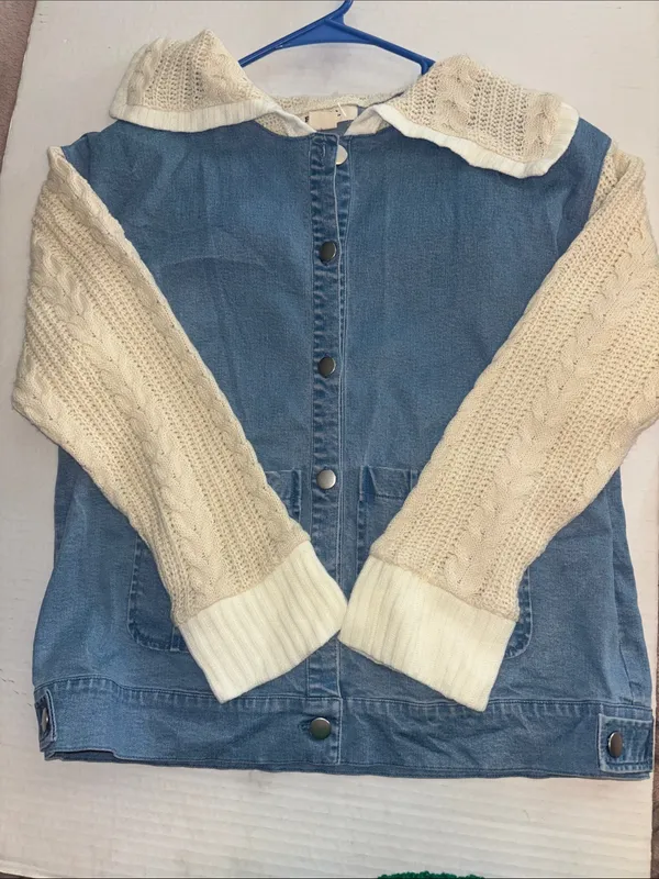 Ruby Rd Brand Blue Stretch Denim With Knit Sleeves And Collar Button Closure - Image 4