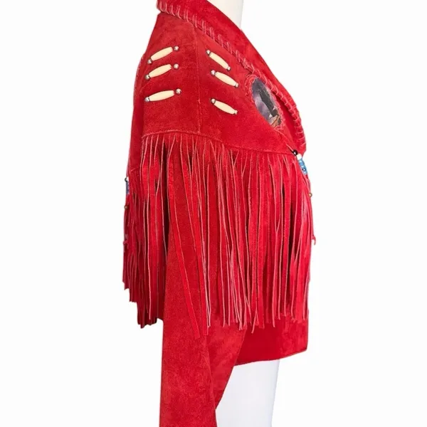 Vintage Red Suede Fringe Jacket Eagle Beaded Western Southwestern Women’s Large - Image 6