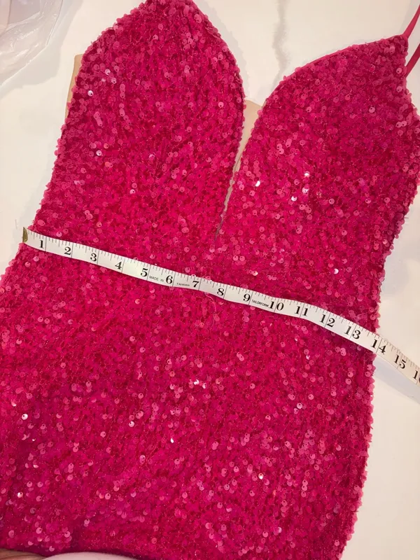 Adorable Alyce 4599 fitted straight dress in fuchsia plush sequins, size 2 - Image 10